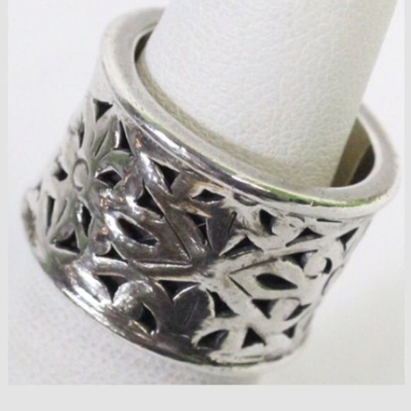 Sterling Silver Floral Filigree Thick Cigar Band Ring Sz 5.5 - Picture 9 of 13